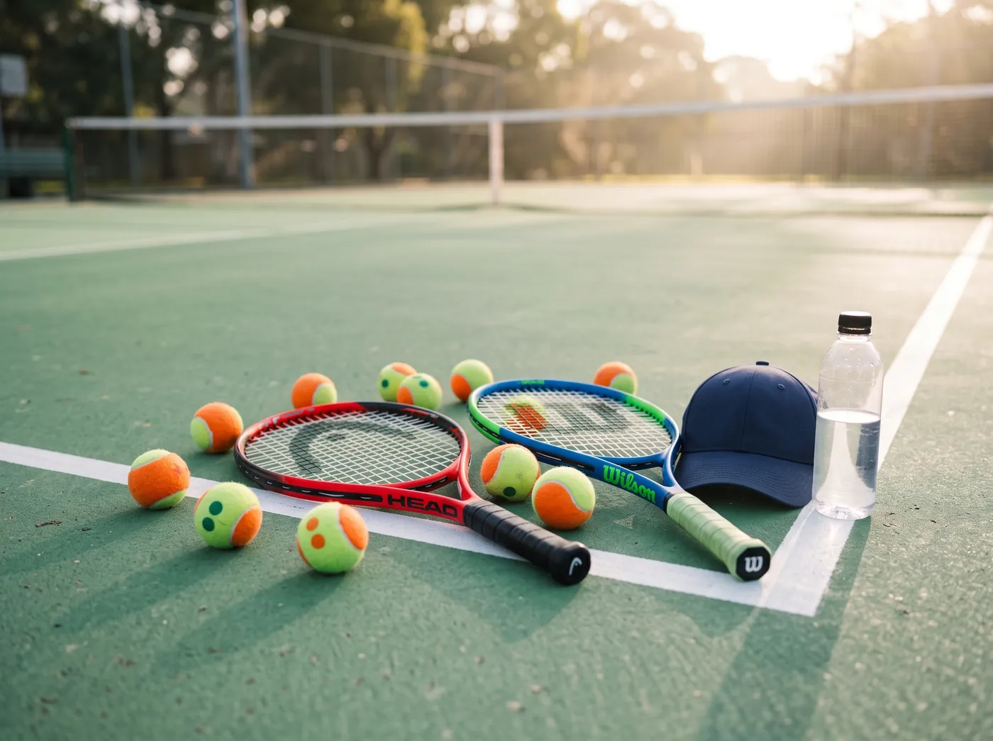 Junior racquets and low-compression balls on the baseline of a court